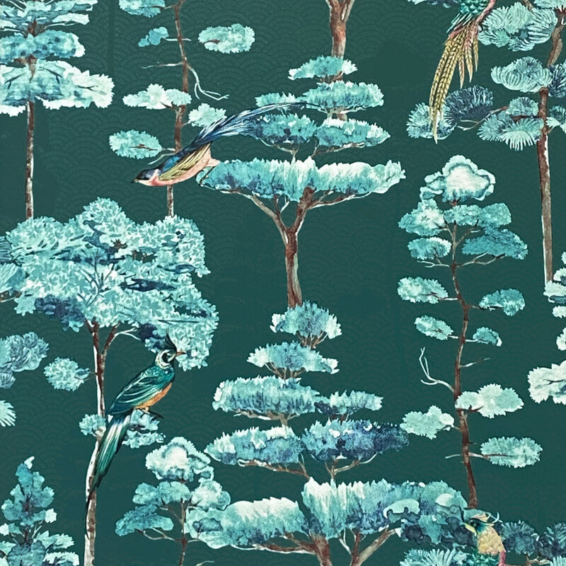 w92355105m Beautiful emerald green Oriental Oasis design with overlapping trees and delicate birds throughout on smooth heavyweight wallpaper.