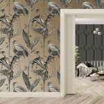 w956605b Fabulous bird and leaf design in tones of grey and soft black, set on a soft metallic gold background.