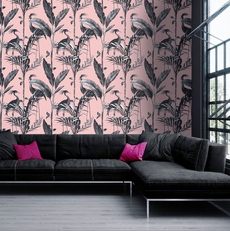 w958807b Fabulous bird and leaf design in tones of grey and black, set on a soft dusky pink background.