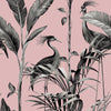 w958807b Fabulous bird and leaf design in tones of grey and black, set on a soft dusky pink background.