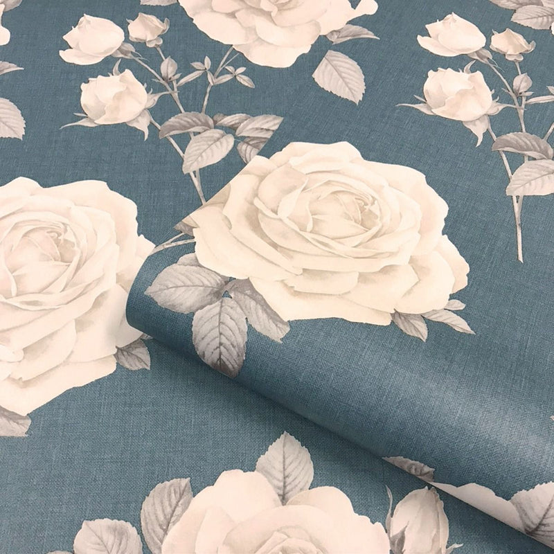 w977764b Beautiful and elegant vintage navy feature floral design with delicate cream roses.