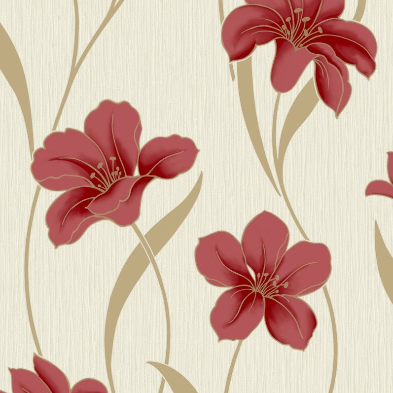 wa6011901g Beautiful floral trail in red on a beautiful cream textured background.