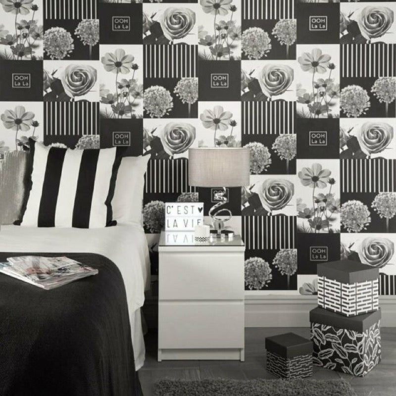 wm130042c Beautiful black and white floral collage wallpaper.