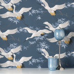 wm167754c Delicate oriental style crane pattern in opulent navy blue with yellow highlights.