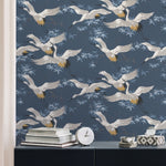 wm167754c Delicate oriental style crane pattern in opulent navy blue with yellow highlights.
