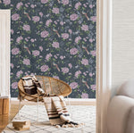 wm177723fd Delicate luxury fabric effect wallpaper with a beautiful floral design in navy with hints of green and pink.