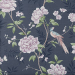 wm177723fd Delicate luxury fabric effect wallpaper with a beautiful floral design in navy with hints of green and pink.